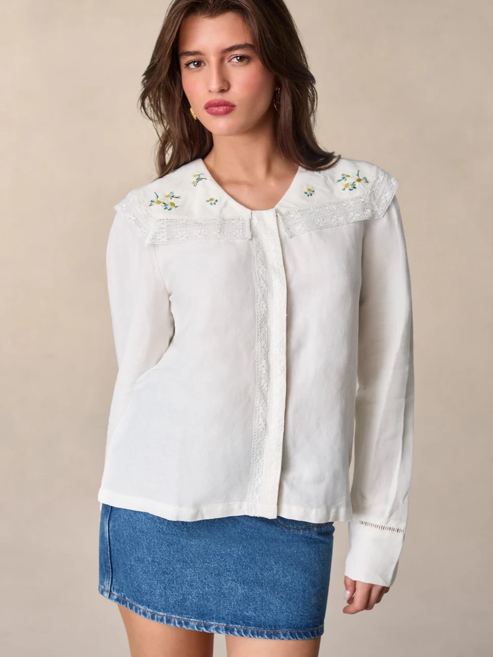 Rouje Sigrid Ivory Button-Down Blouse with Embroidered Collar
